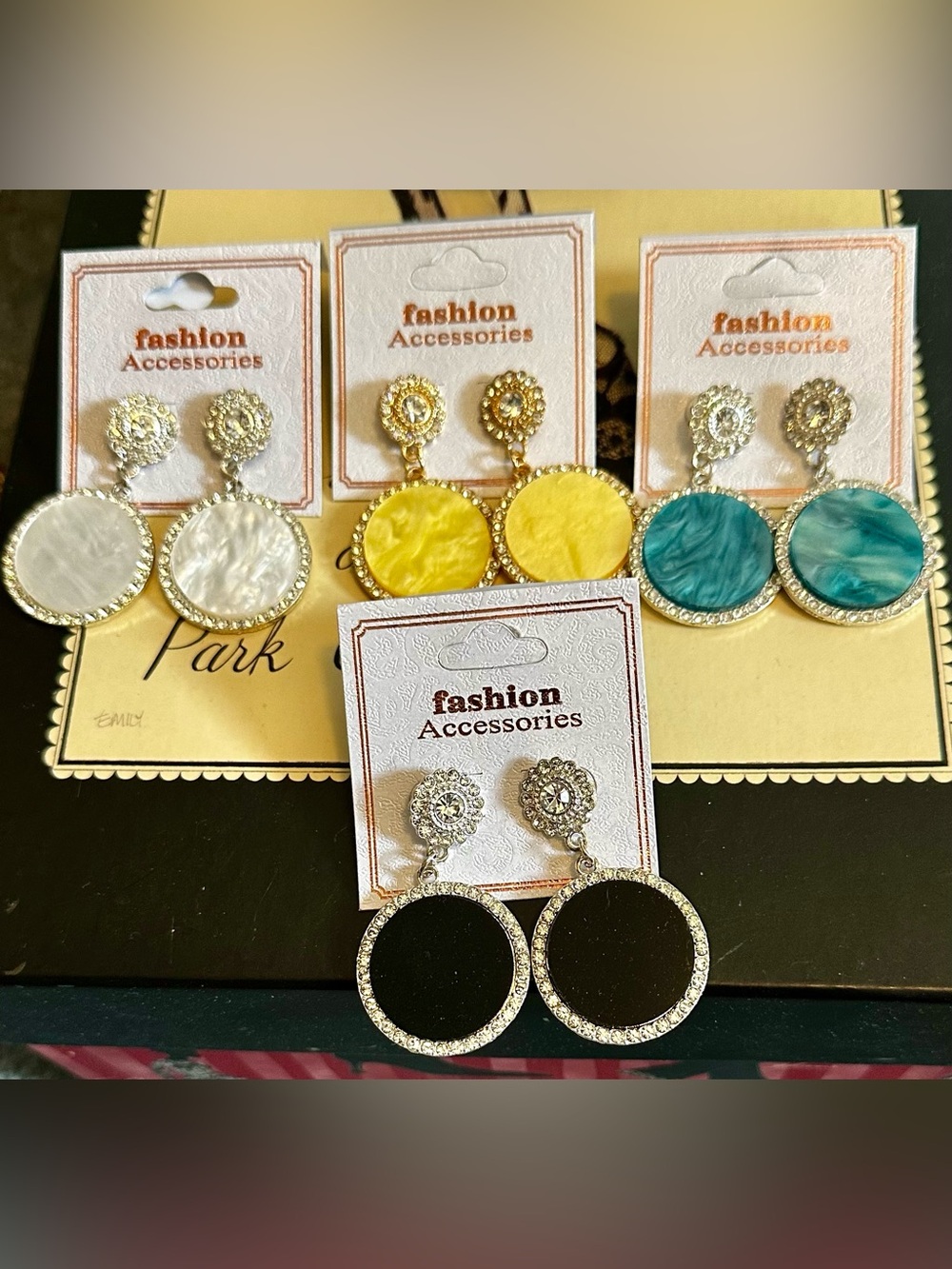 White, Yellow, Turquoise & Black Round Drop Earrings - Elegant Crystal Trim